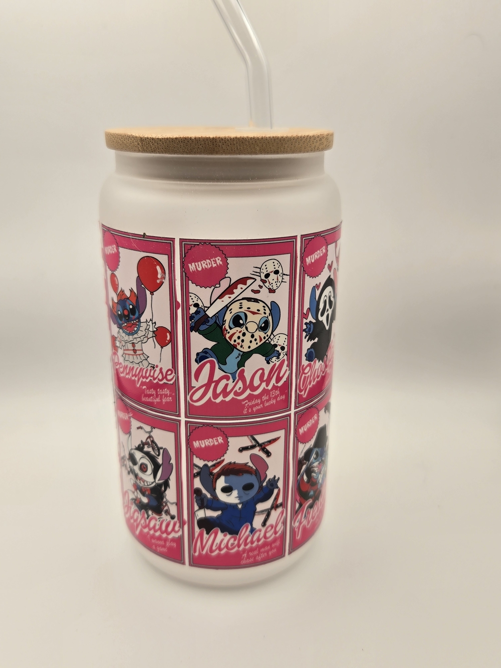 Frosted Novelty Tumbler with Pink Horror Character Panels & Bamboo Lid 16oz